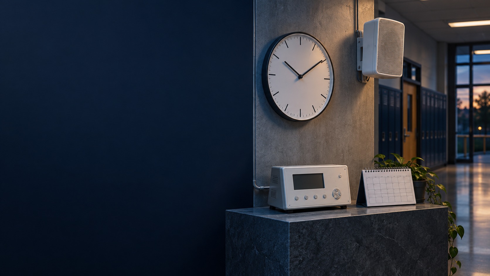 Bell scheduler, wall clock and speaker in a school corridor (illustration)