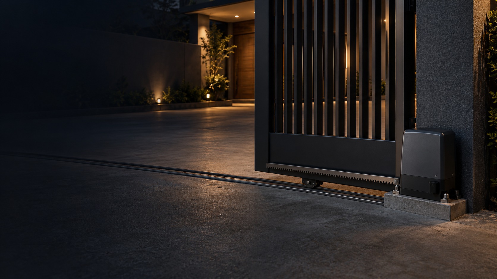 Sliding driveway gate, rack and motor housing – Autogate Repair in Kuching (illustration)