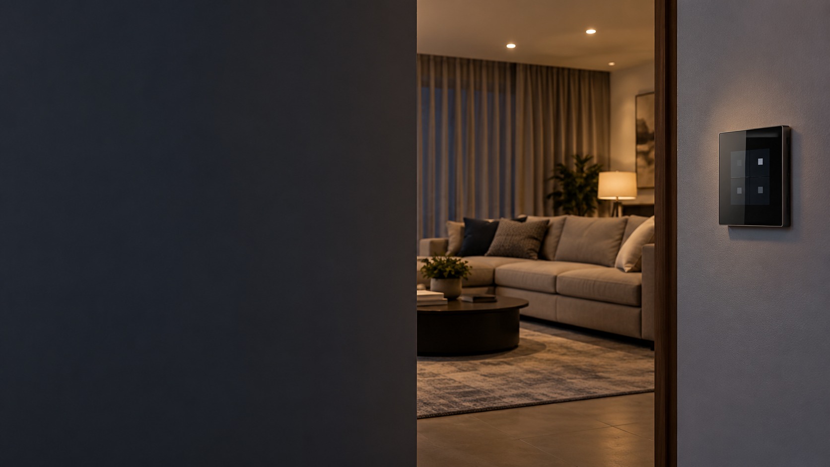 Home-control wall panel, warm room lights and curtains – Smart Home Maintenance in Kuching (illustration)