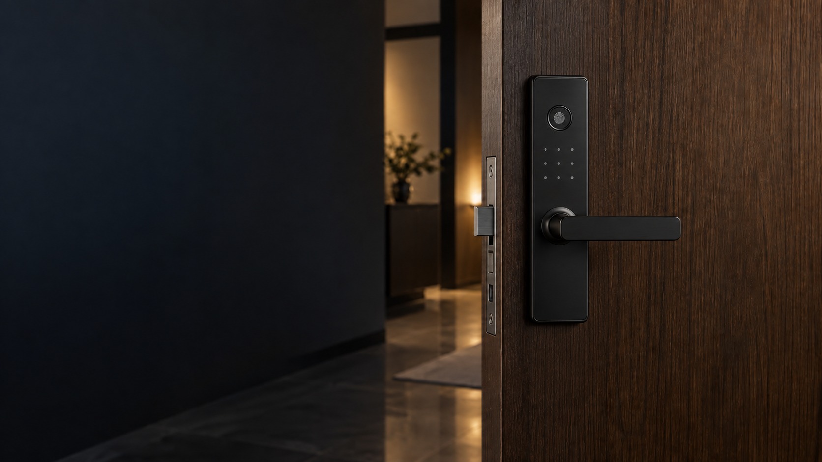 Digital mortise lock on a wooden entrance door – Smart Door Lock Repair in Kuching (illustration)