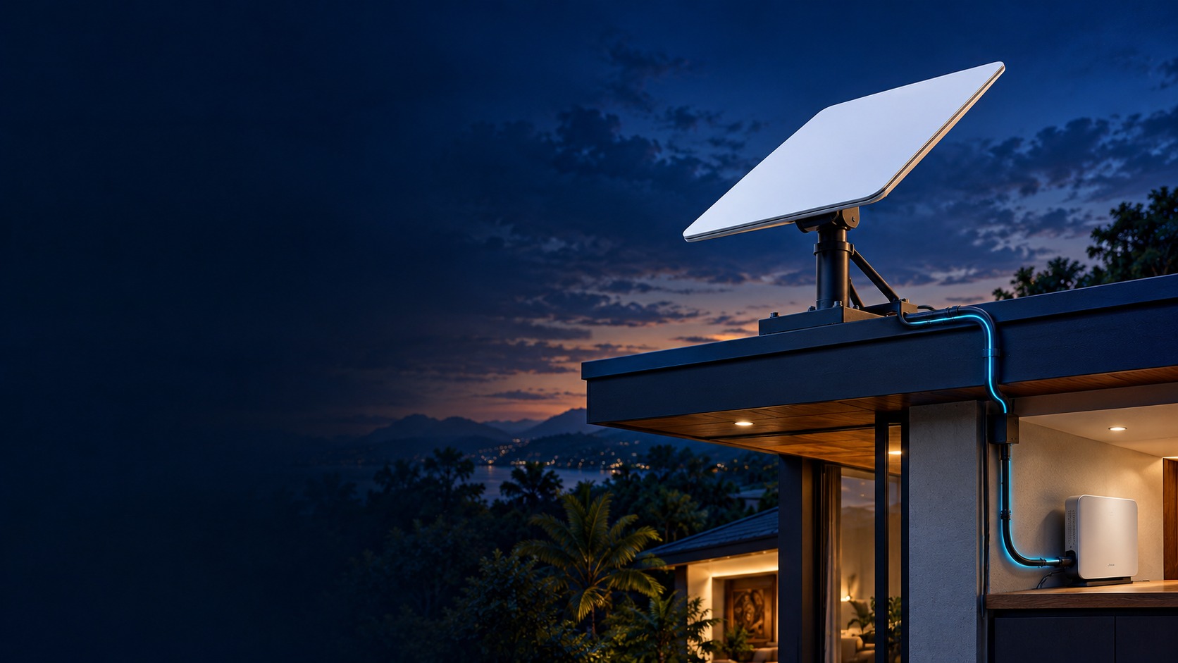 Rectangular satellite terminal on a roof mount, protected cable route and indoor router (illustration)