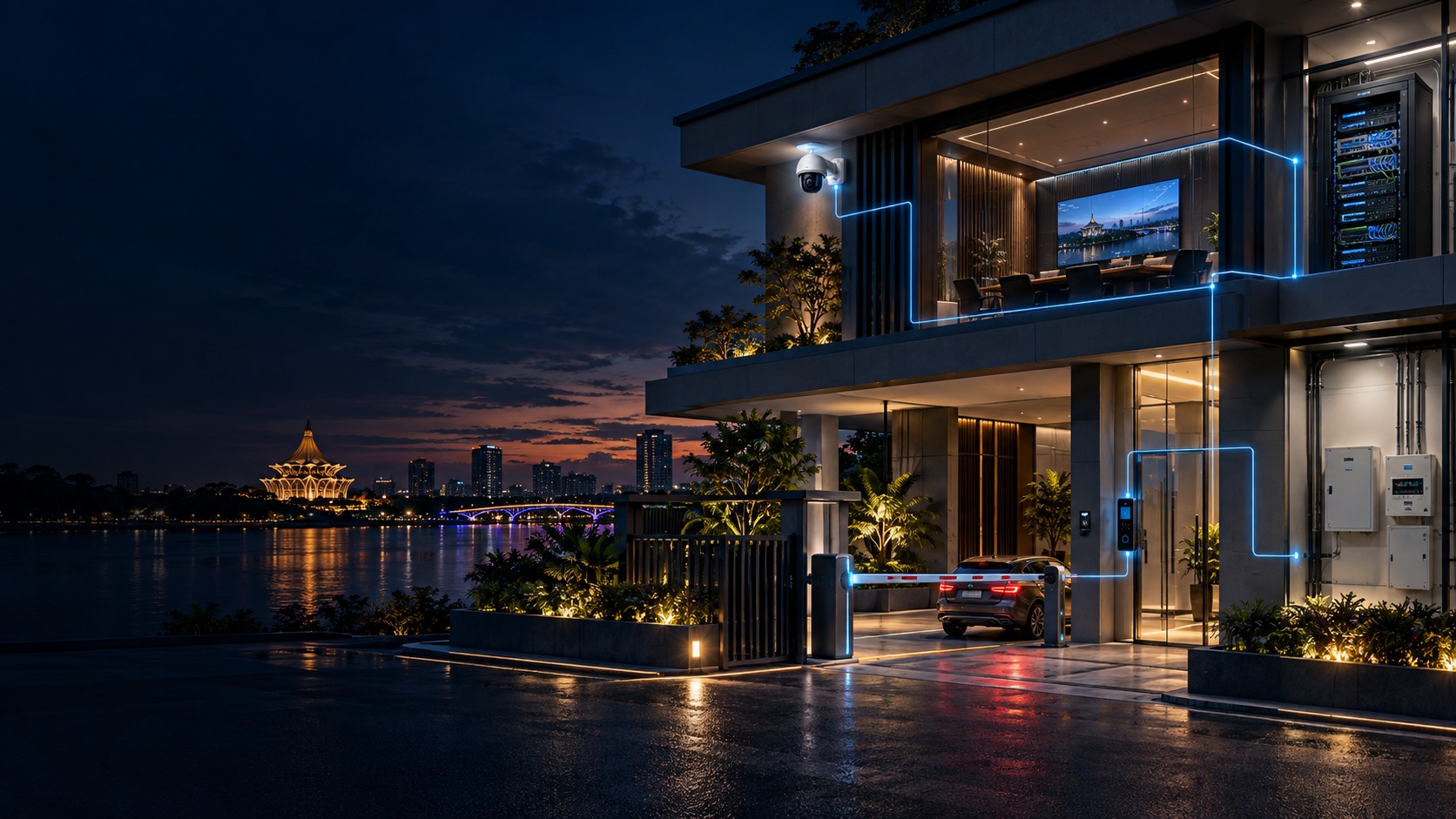 Conceptual building security scene; not a specific branded model or a completed HJ customer-site photograph.