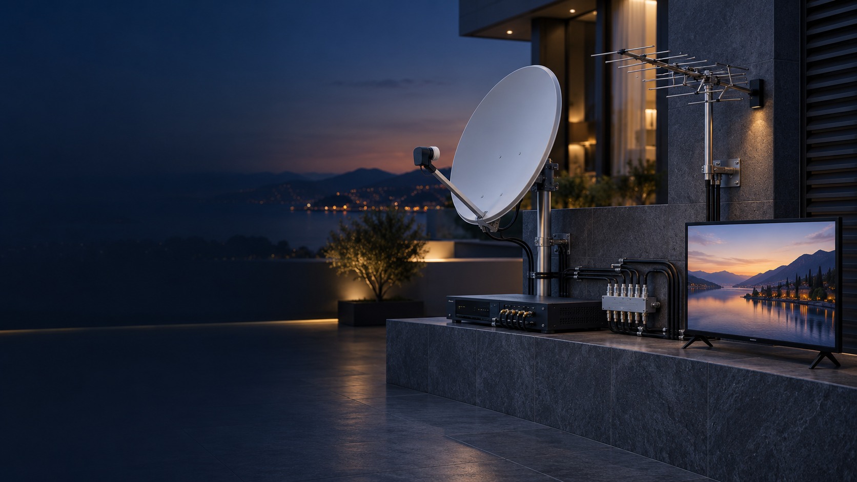 Satellite dish, terrestrial antenna, television headend and distribution equipment (illustration)