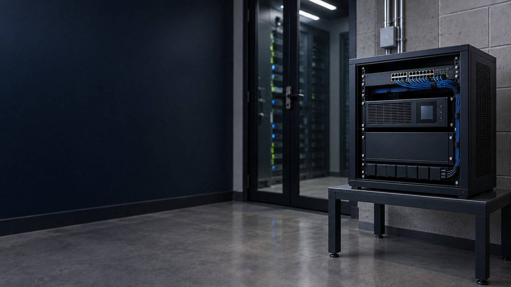 Rack-mounted UPS, battery and network equipment (illustration)