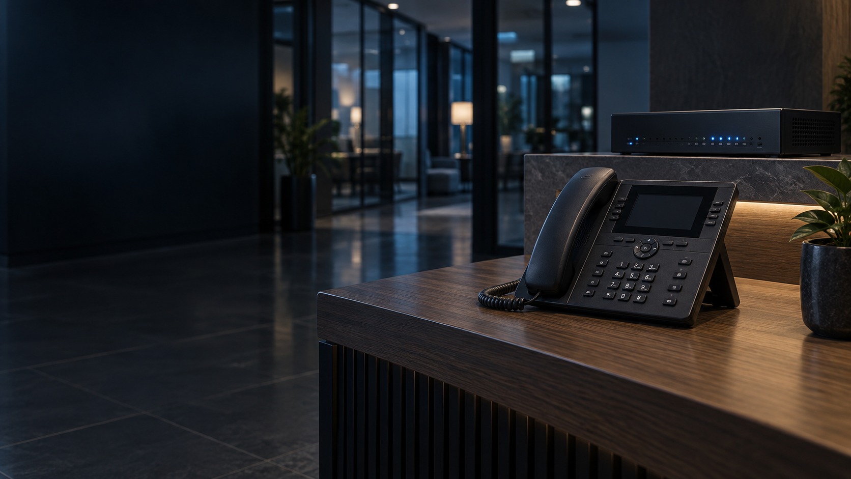 Desktop IP telephone and PBX appliance at an office reception – PA Paging Integration in Kuching & Sarawak (illustration)