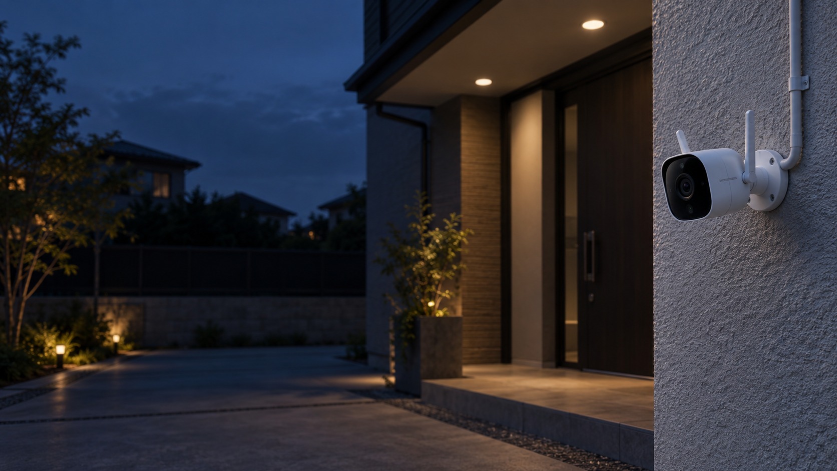 Conceptual camera security scene; not a specific branded model or a completed HJ customer-site photograph.