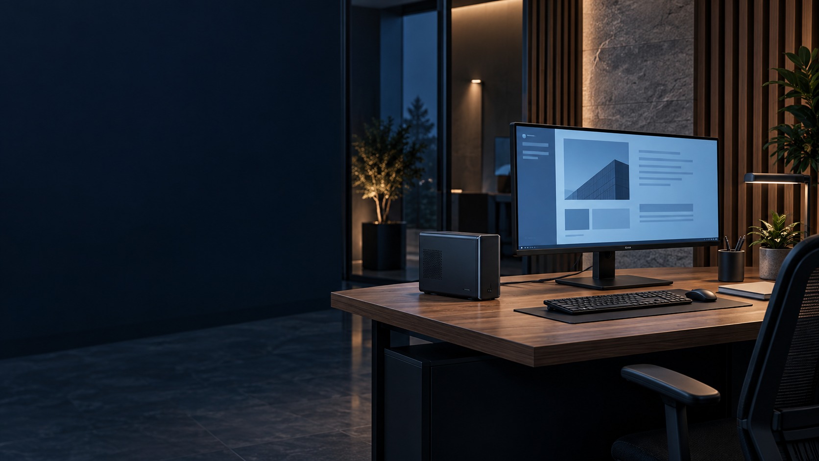 Compact business PC and office desktop monitor – Office Computer Maintenance in Kuching (illustration)