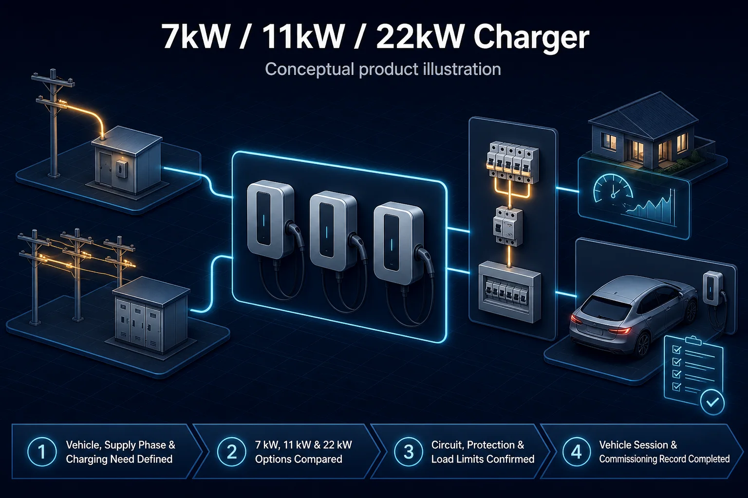 Conceptual 7 kW, 11 kW and 22 kW Charger canvas comparing generic charger options against vehicle need, supply phase, circuit protection, load limits and commissioning records without charging-time claims.