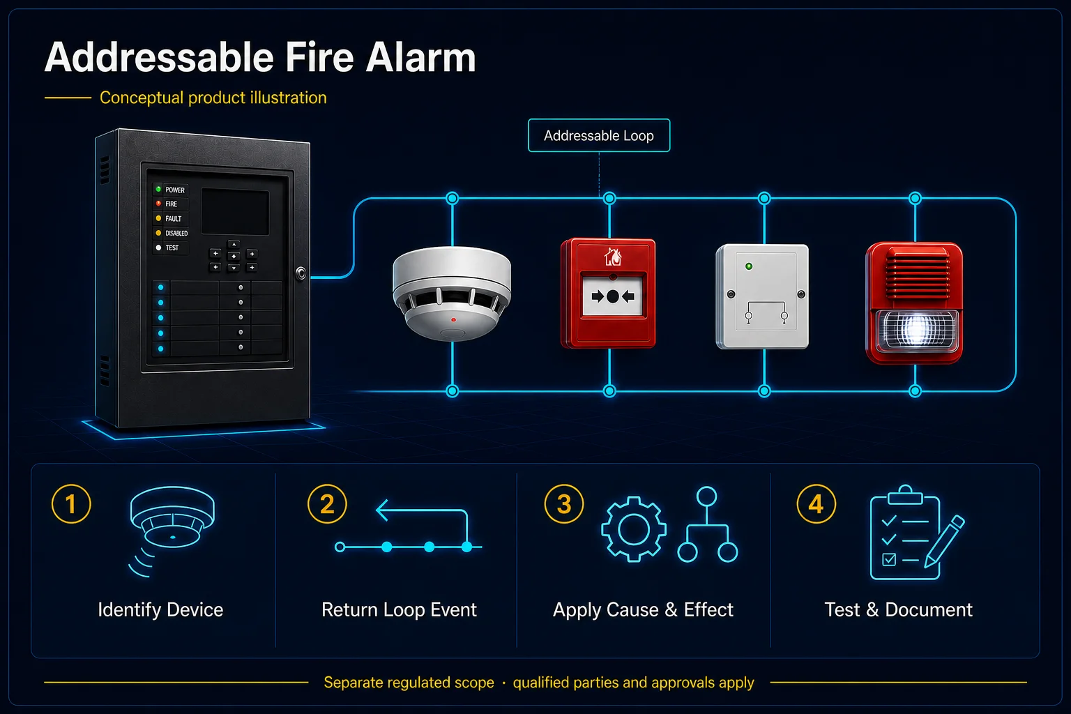Conceptual Conventional / Addressable / Wireless Fire Alarm Service in Kuching system context. Conventional / Addressable / Wireless Fire Alarm Service in Kuching combines the installed-system path with the stated service mode; diagnosis and corrective scope remain subject to inspection and approval.