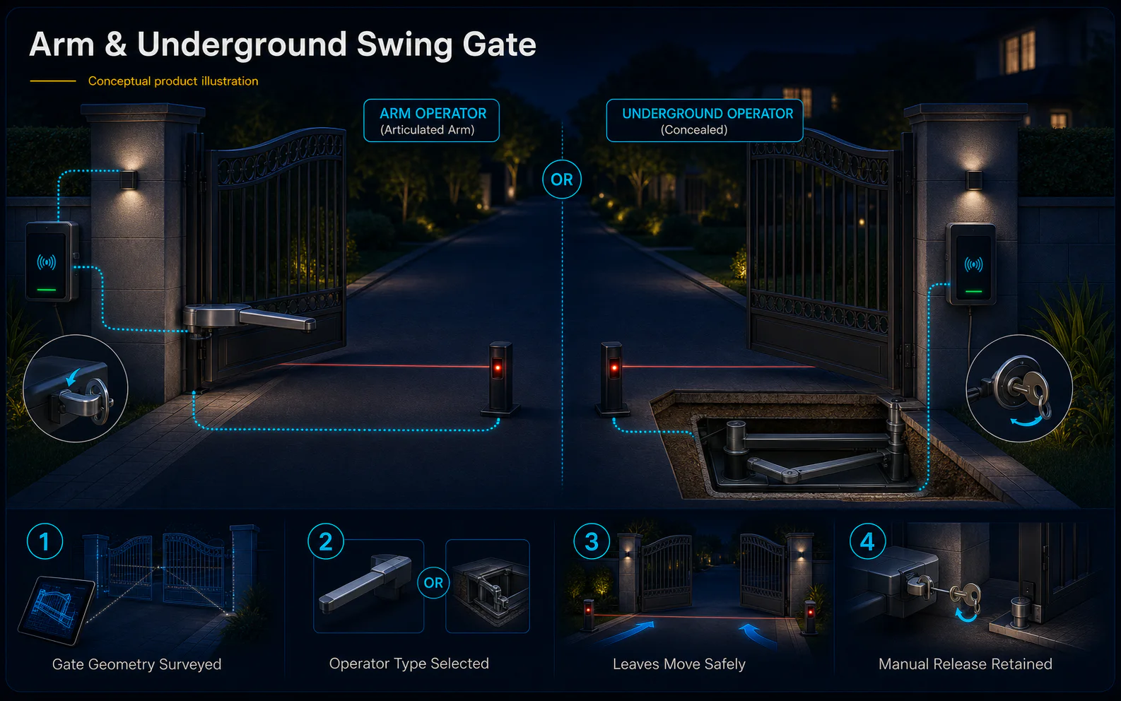 Conceptual Arm and Underground Swing Gate canvas comparing articulated and concealed operators, gate geometry, safe movement and manual release.