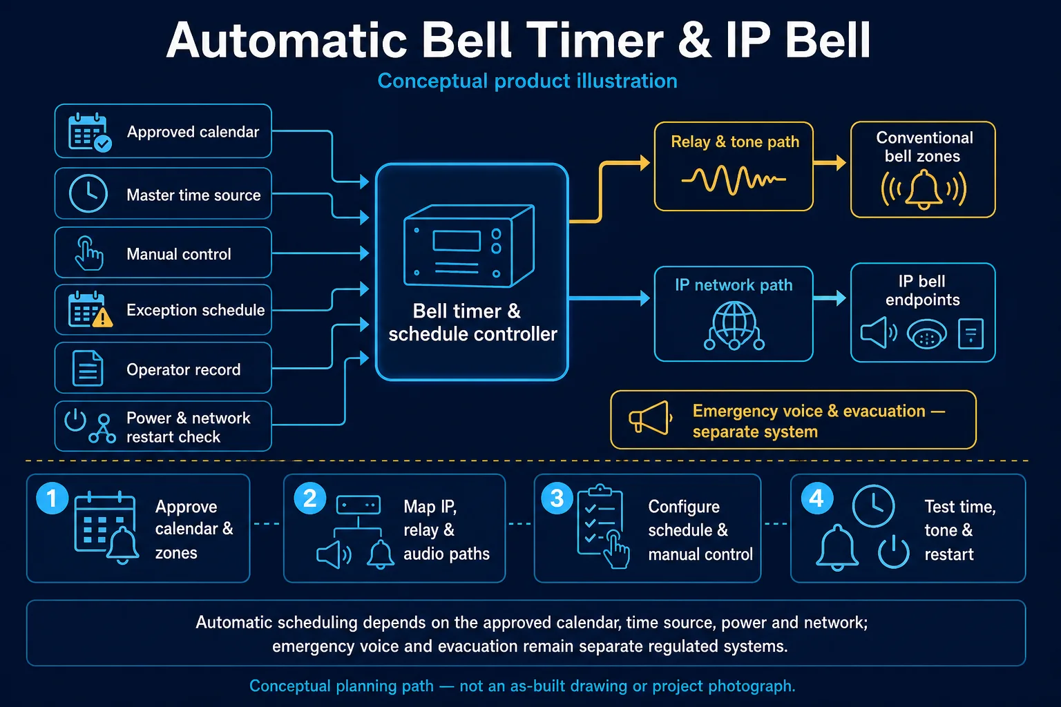 Conceptual Automatic Bell Timer and IP Bell canvas showing an approved schedule and time source, timer or IP controller, network and amplifier paths, zoned bell endpoints, manual override, exceptions and operator records.