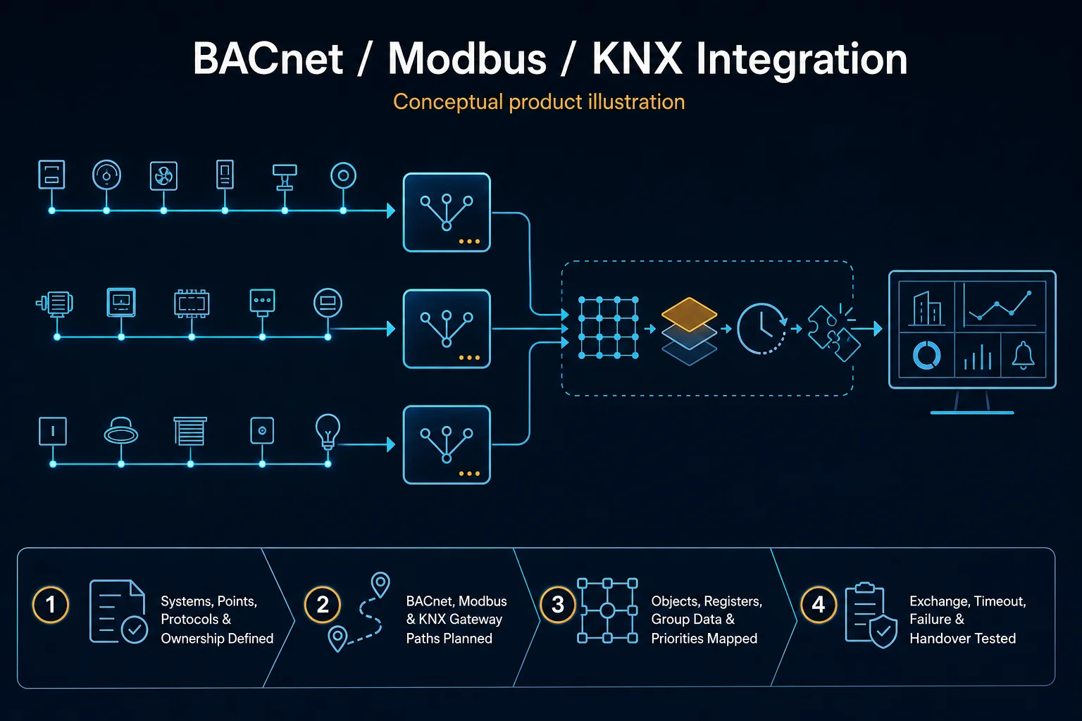 Conceptual BACnet, Modbus and KNX Integration canvas showing three generic field networks, blank gateways, mapping grid, priority, timeout and failure paths to an icon-only supervisory view without a compatibility guarantee.