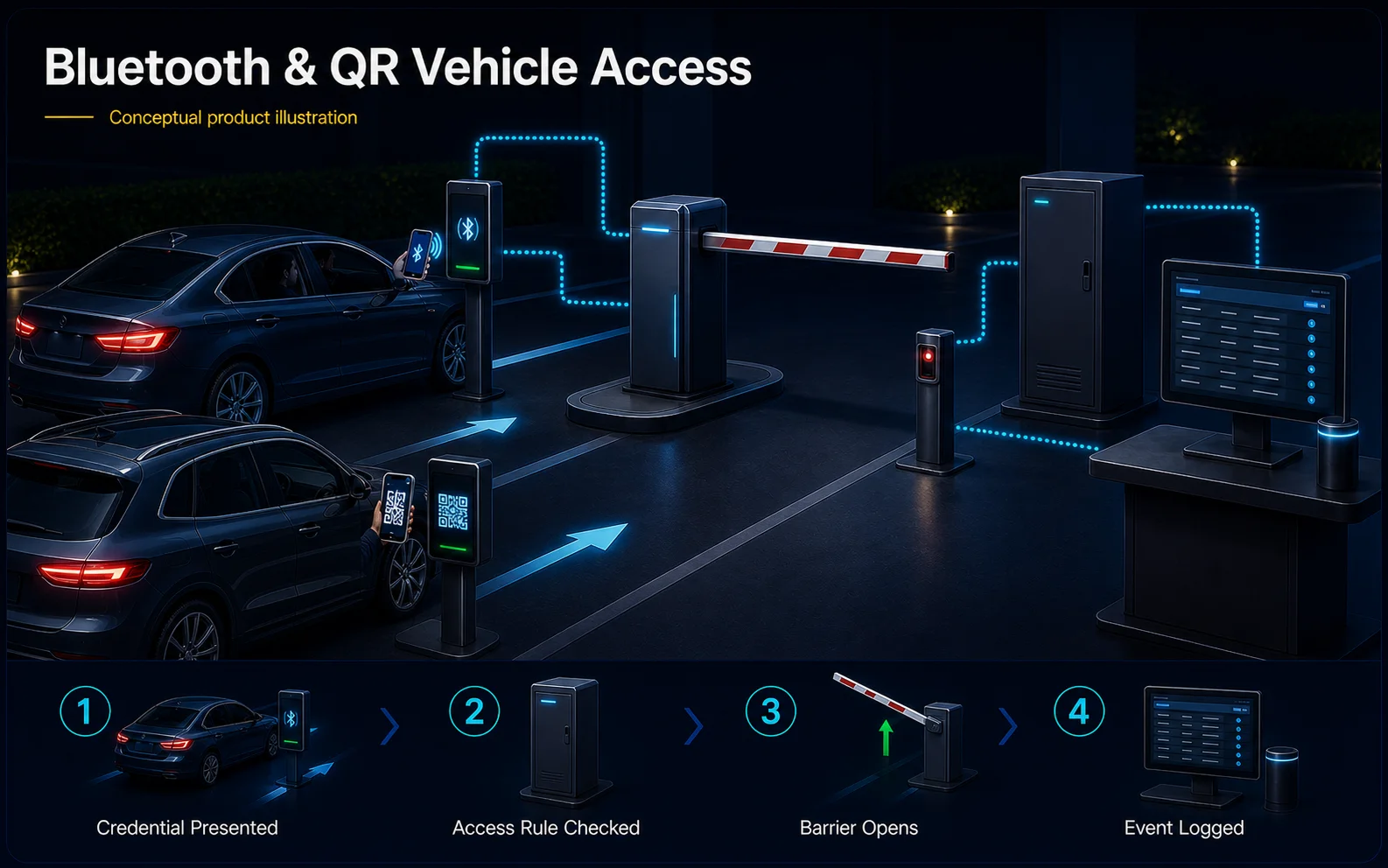 Conceptual Bluetooth and QR Vehicle Access canvas showing staff and visitor phone credentials, rule checking, barrier opening and event logging.