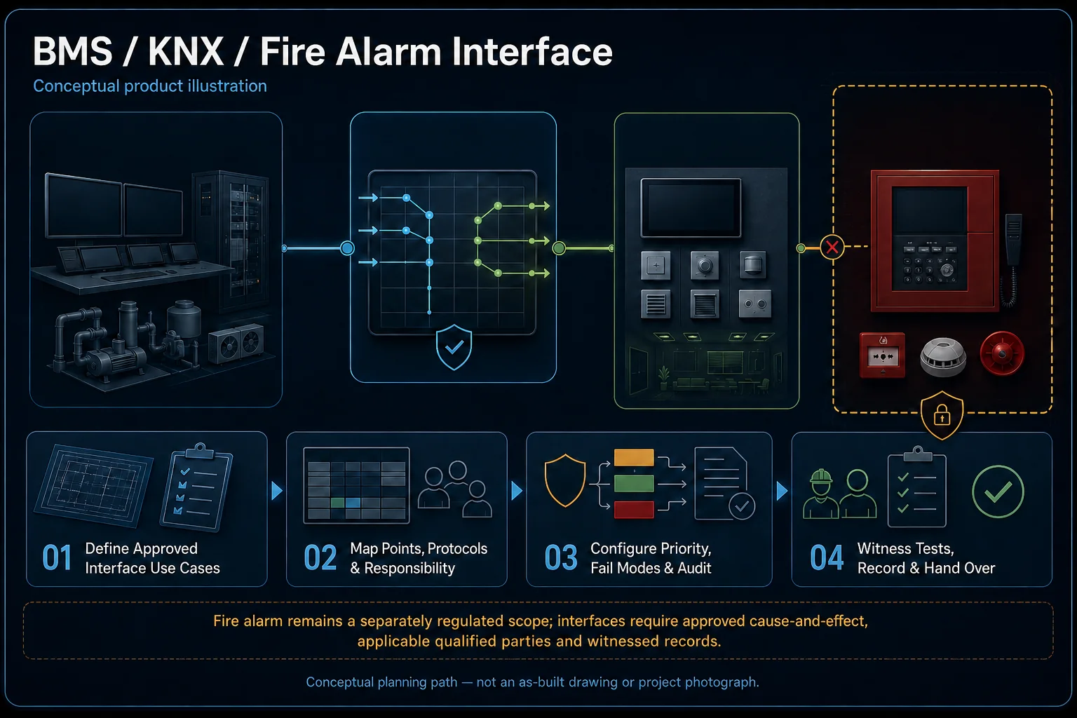 Conceptual BMS, KNX and Fire Alarm Interface canvas showing separate generic plant supervision, building automation and fire-alarm systems connected through an approved interface matrix with priority, fail modes, witnessed testing and regulated boundaries.