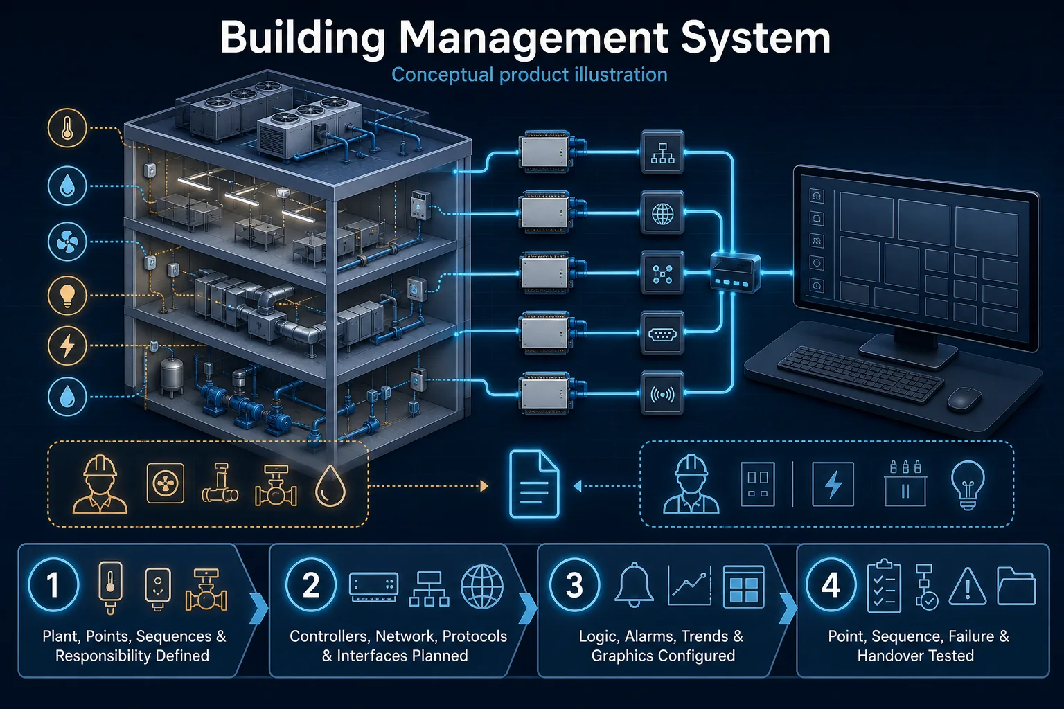 Conceptual Building Management System canvas showing anonymous building plant, field points, blank controllers and gateways, supervisory network and icon-only operator view with separate mechanical and electrical responsibility.