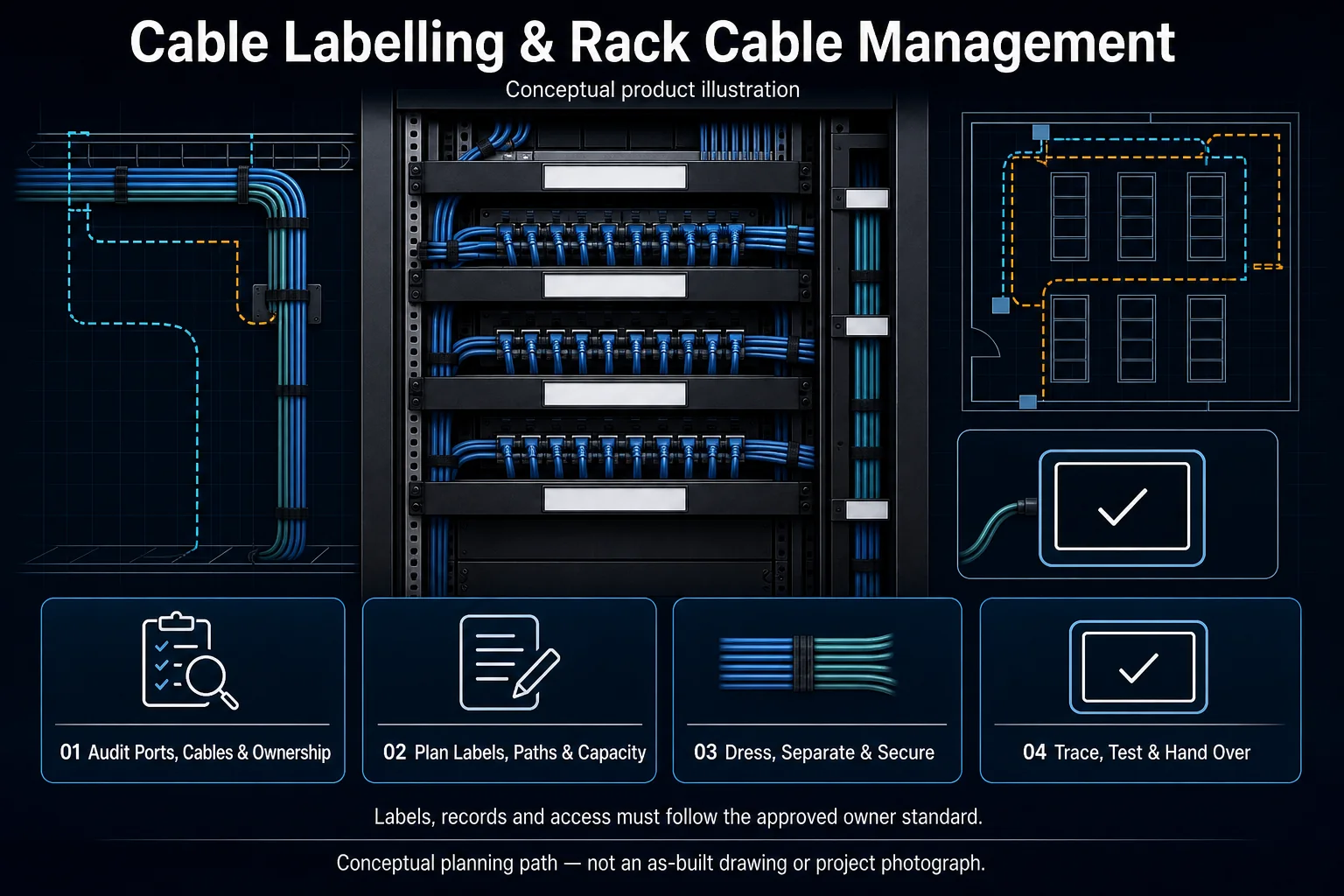 Conceptual Cable Labelling and Rack Cable Management canvas showing blank labels and tags, patch panels, horizontal and vertical managers, dressed leads, service loops, route mapping, trace testing and owner-standard responsibility.