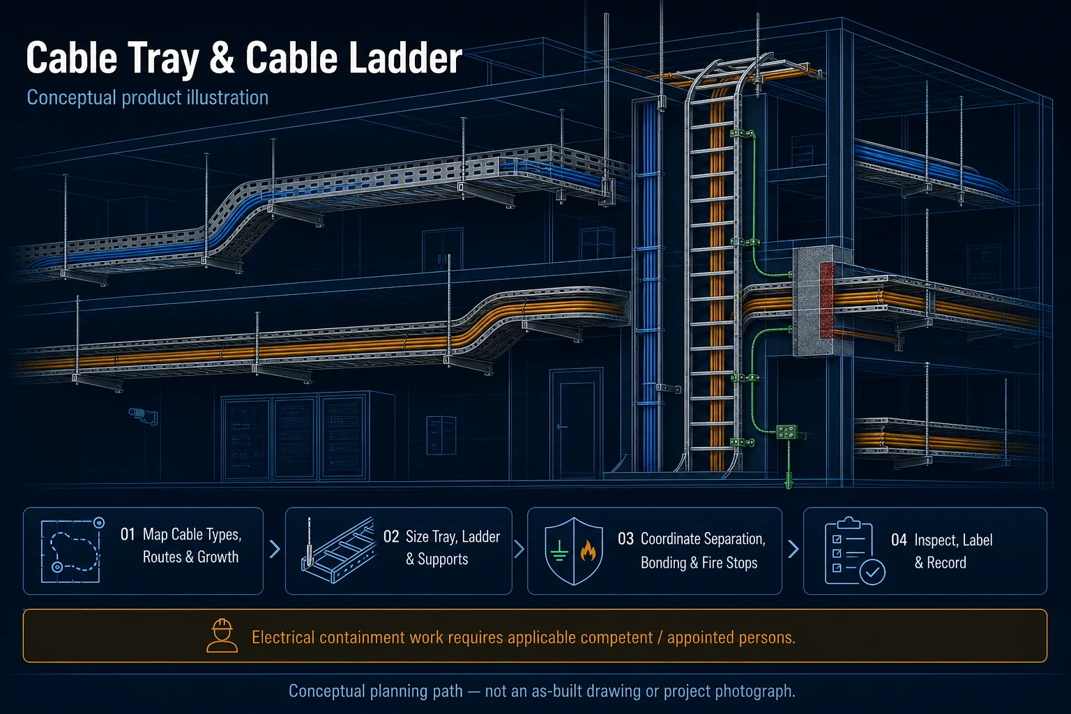 Conceptual Cable Tray and Cable Ladder canvas showing tray and ladder forms, horizontal and vertical routes, bends, supports, separated cable groups, bonding, fire-stop interfaces, inspection and responsibility boundaries.