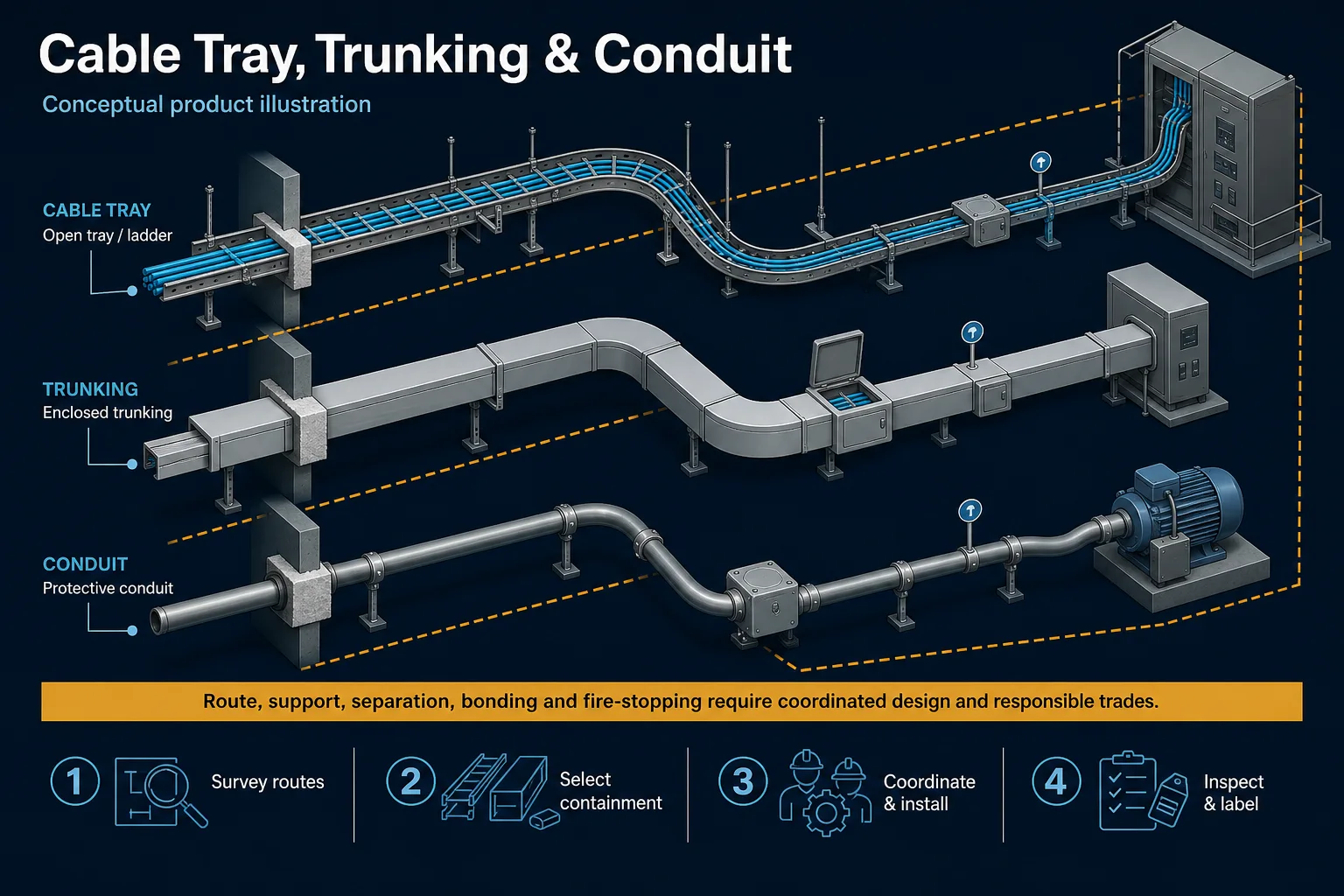 Conceptual Cable Tray, Trunking and Conduit canvas comparing open tray or ladder, enclosed trunking and protective conduit with generic bends, supports, junctions and access points.