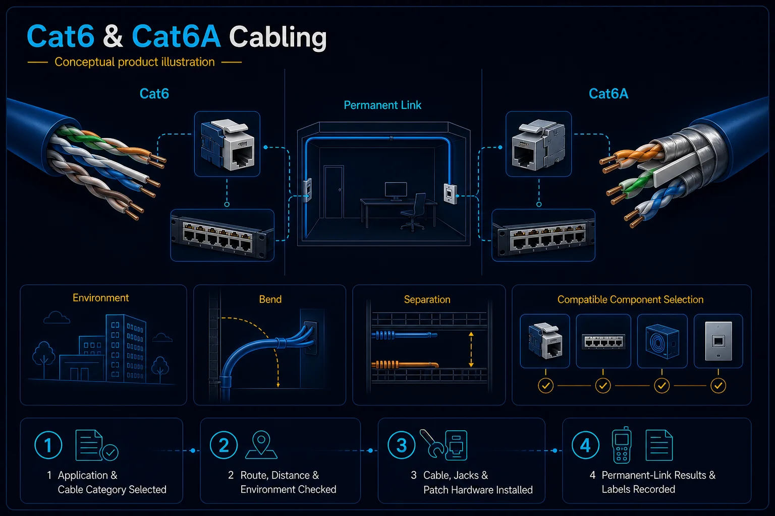 Conceptual Cat6 and Cat6A Cabling canvas showing application-led category selection, route and environment checks, generic cable, jack and patch hardware, and permanent-link test records without performance claims.