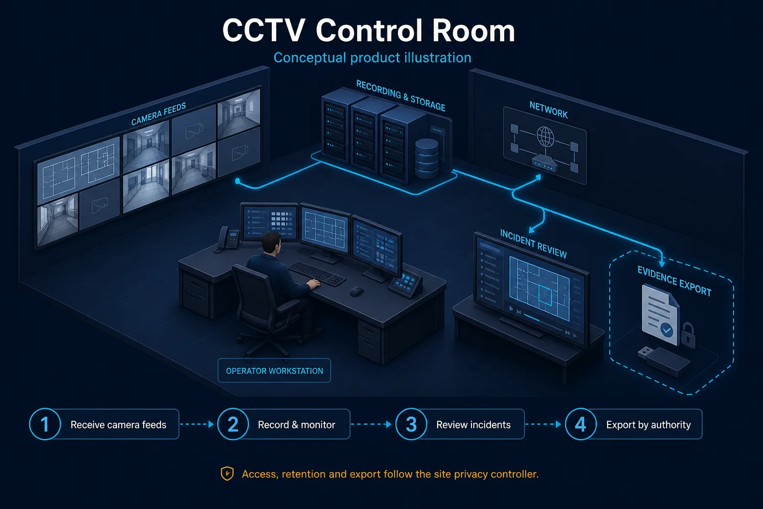 Conceptual CCTV Control Room canvas showing anonymous camera-feed placeholders, recording and storage, network, operator workstation, incident review and authorised evidence export.
