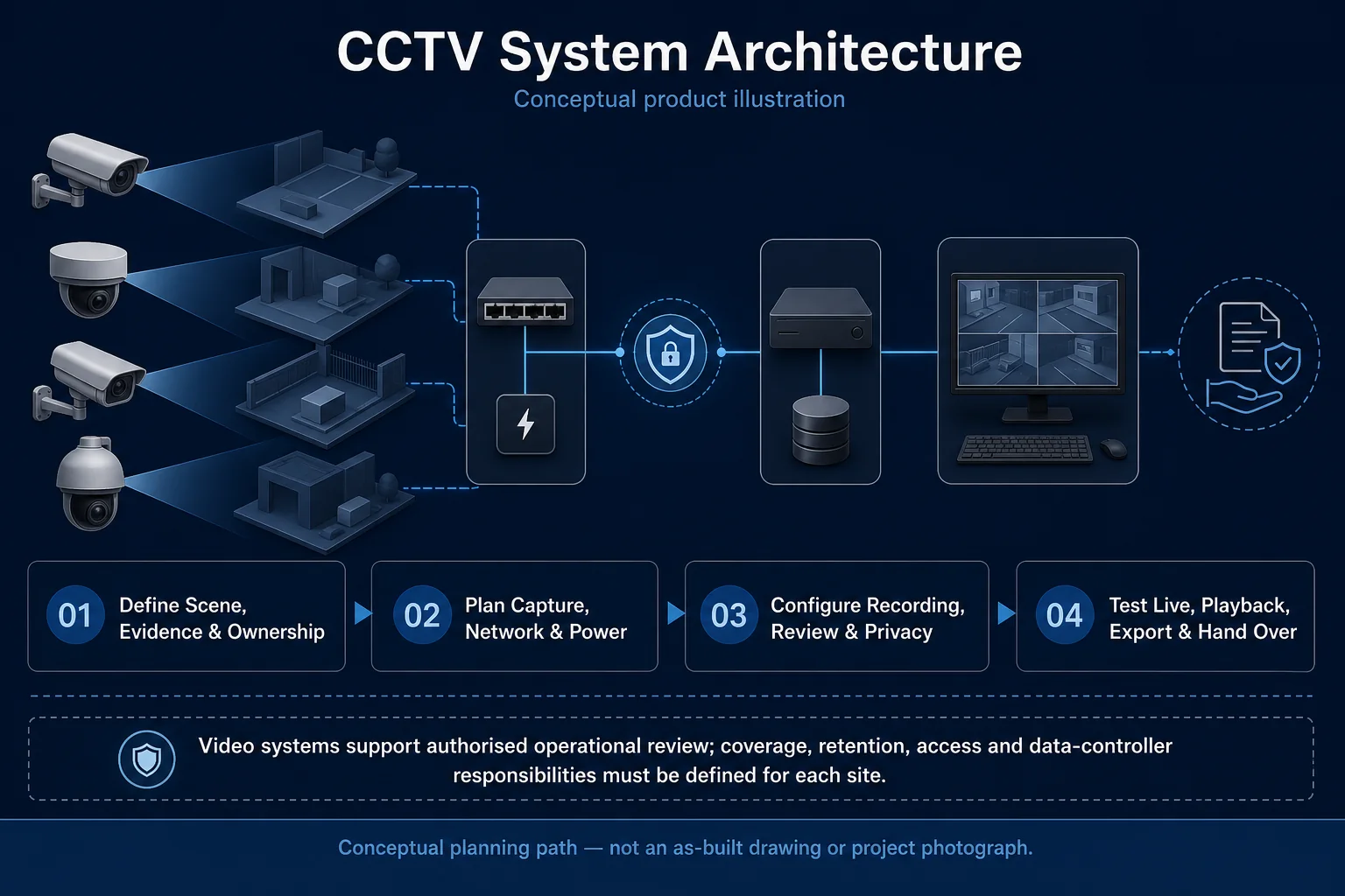 Conceptual CCTV System Architecture canvas showing generic camera scenes, network and power paths, neutral recording, authorised review and privacy, retention and data-controller boundaries without site, identity or performance claims.