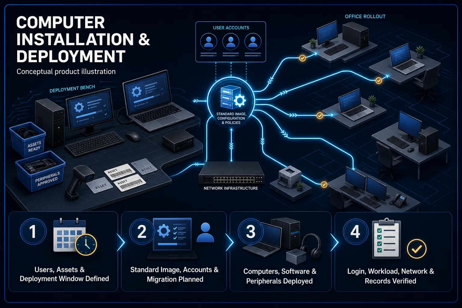 Conceptual Computer Installation and Deployment canvas showing user and asset planning, controlled standard configuration, coordinated endpoint and peripheral rollout, and login, workload, network and records verification.