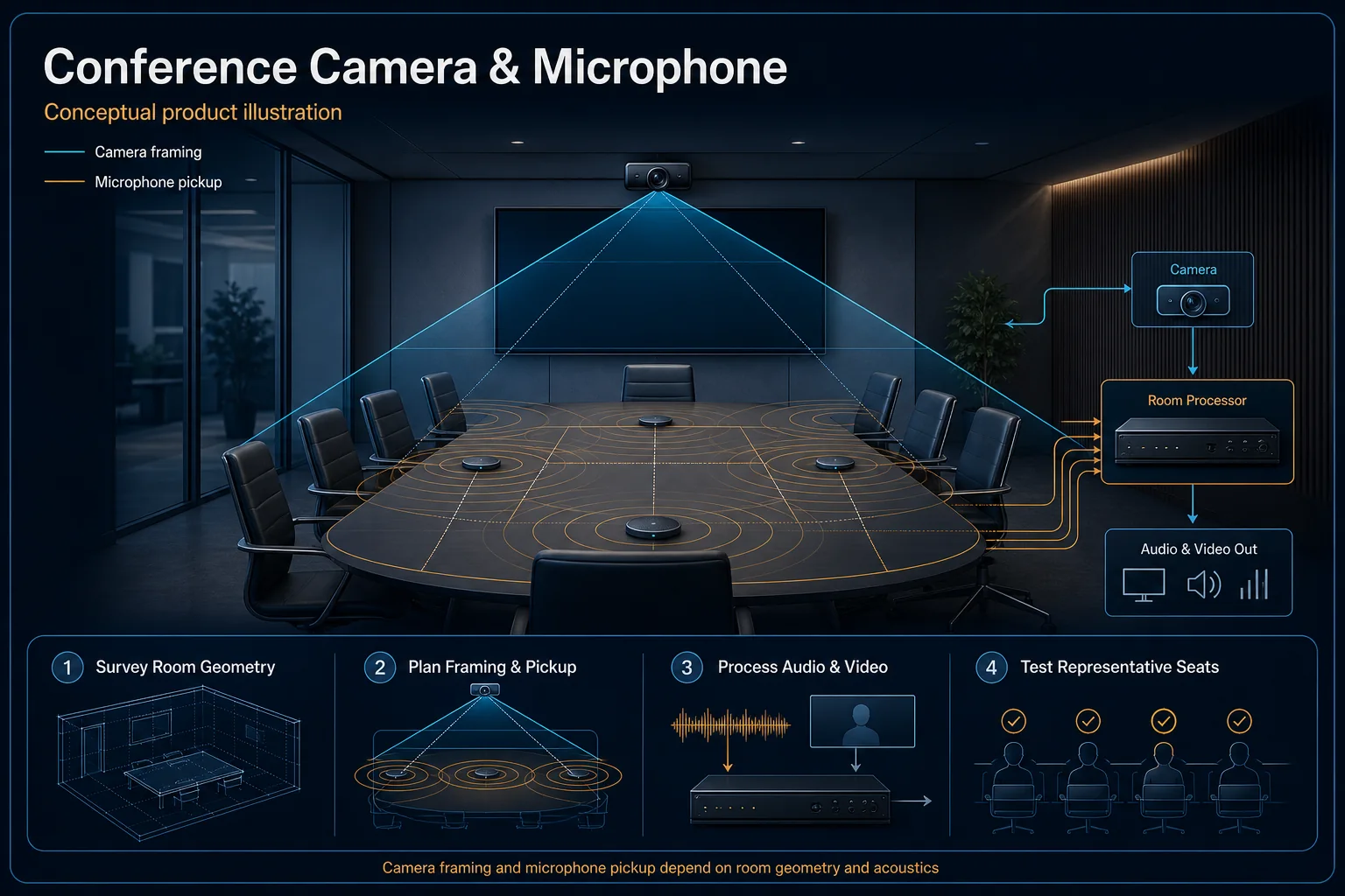 Conceptual Conference Camera and Microphone canvas showing camera framing, microphone pickup zones, representative seating geometry and a generic room processor.