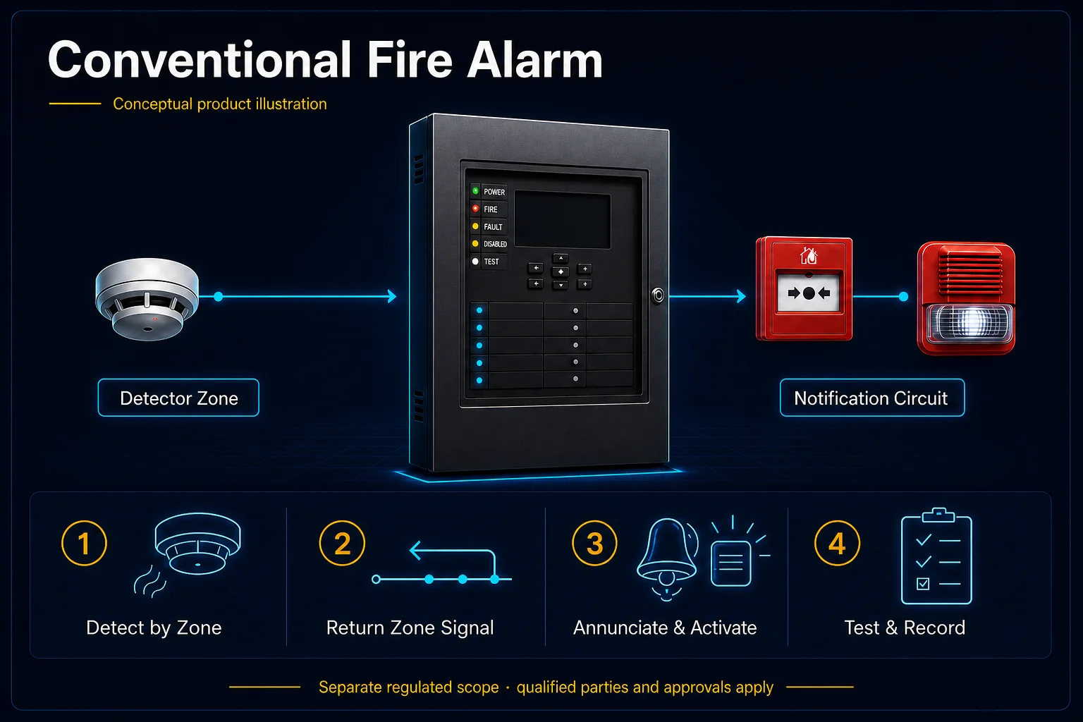 Conceptual Fire Alarm Inspection & Testing in Kuching system context. Fire Alarm Inspection & Testing in Kuching combines the installed-system path with the stated service mode; diagnosis and corrective scope remain subject to inspection and approval.