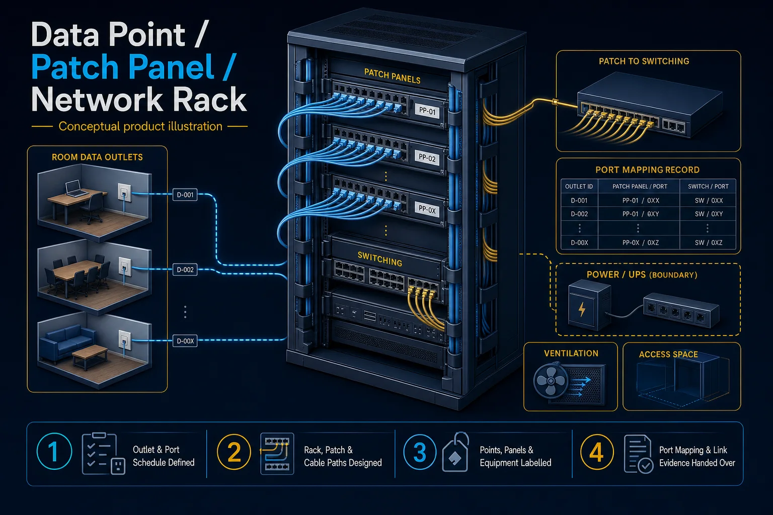 Conceptual Data Point, Patch Panel and Network Rack canvas showing outlet and port scheduling, rack and cable paths, labels, port mapping and link-evidence handover.