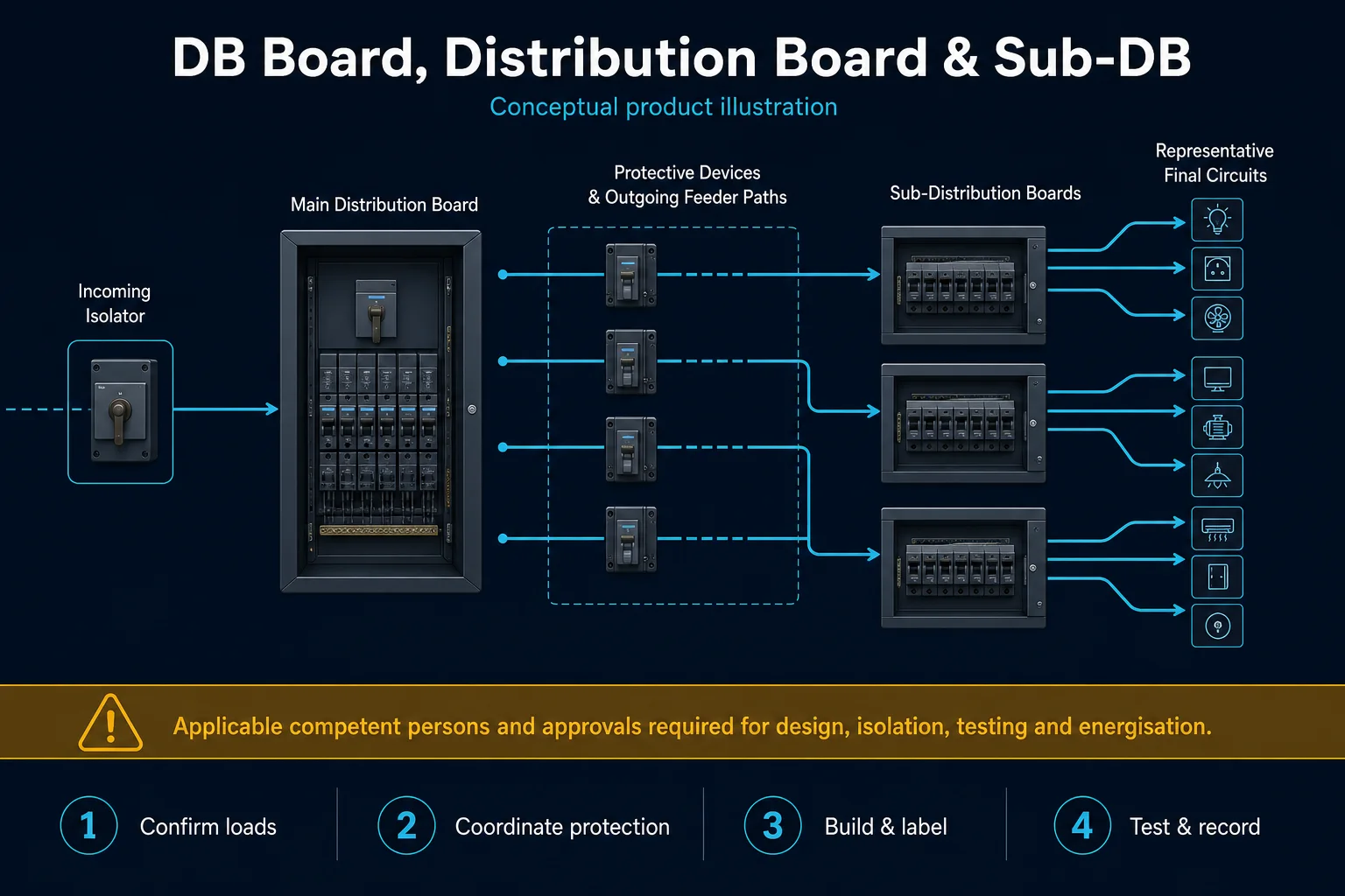 Conceptual DB Board, Distribution Board and Sub-DB canvas showing incoming isolation, main distribution, protective feeder paths, sub-distribution and representative final circuits.