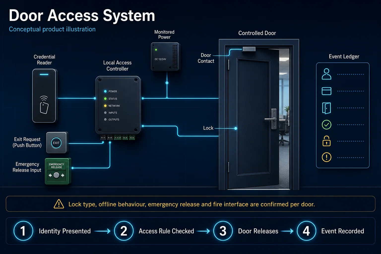 Conceptual Door Access System canvas showing credential presentation, controller decision, door hardware, safe exit and access-event recording.