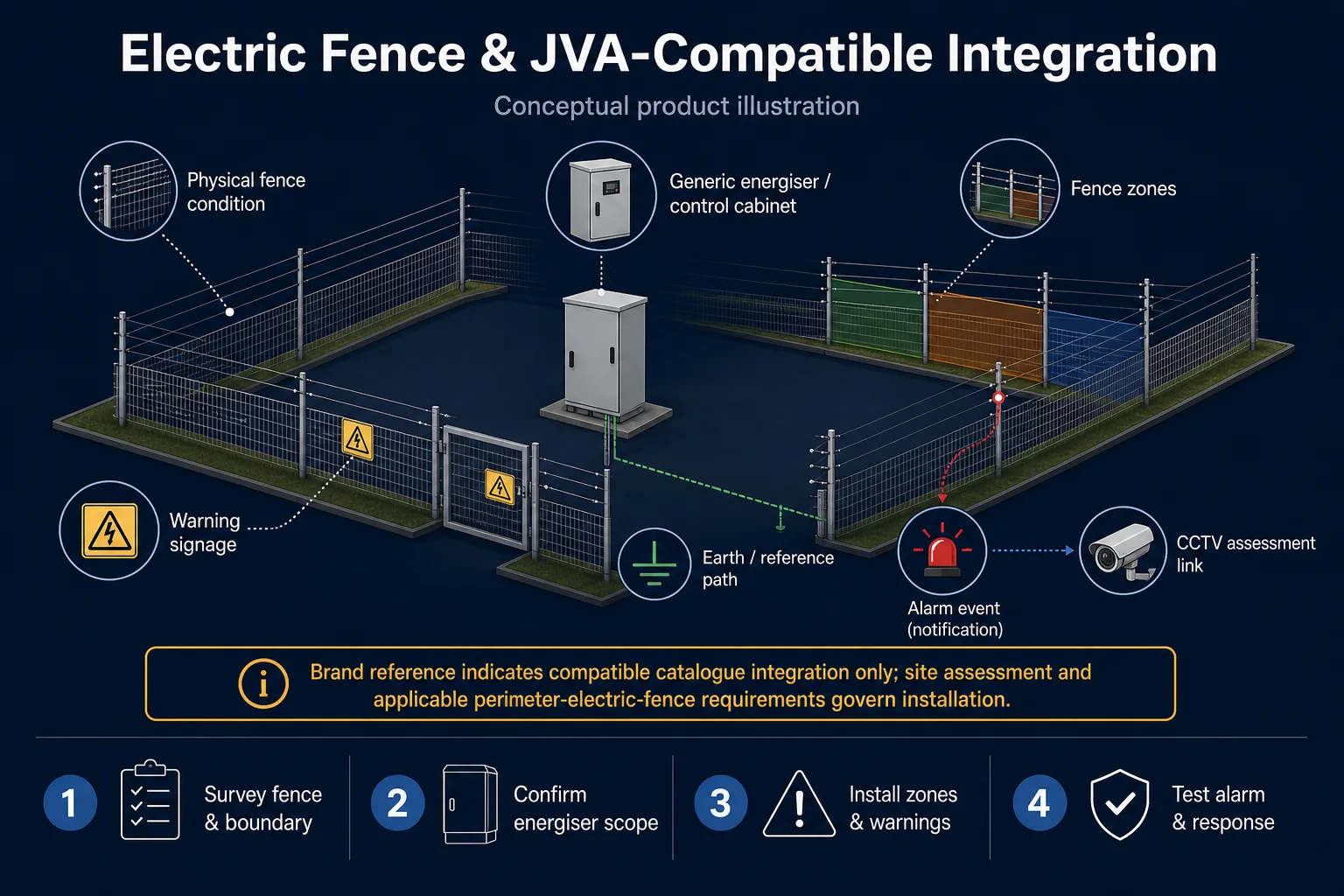 Conceptual Electric Fence and JVA-Compatible Integration canvas showing fence condition, generic energiser, zone paths, warnings, earth reference, alarm and CCTV assessment without an authorisation claim.