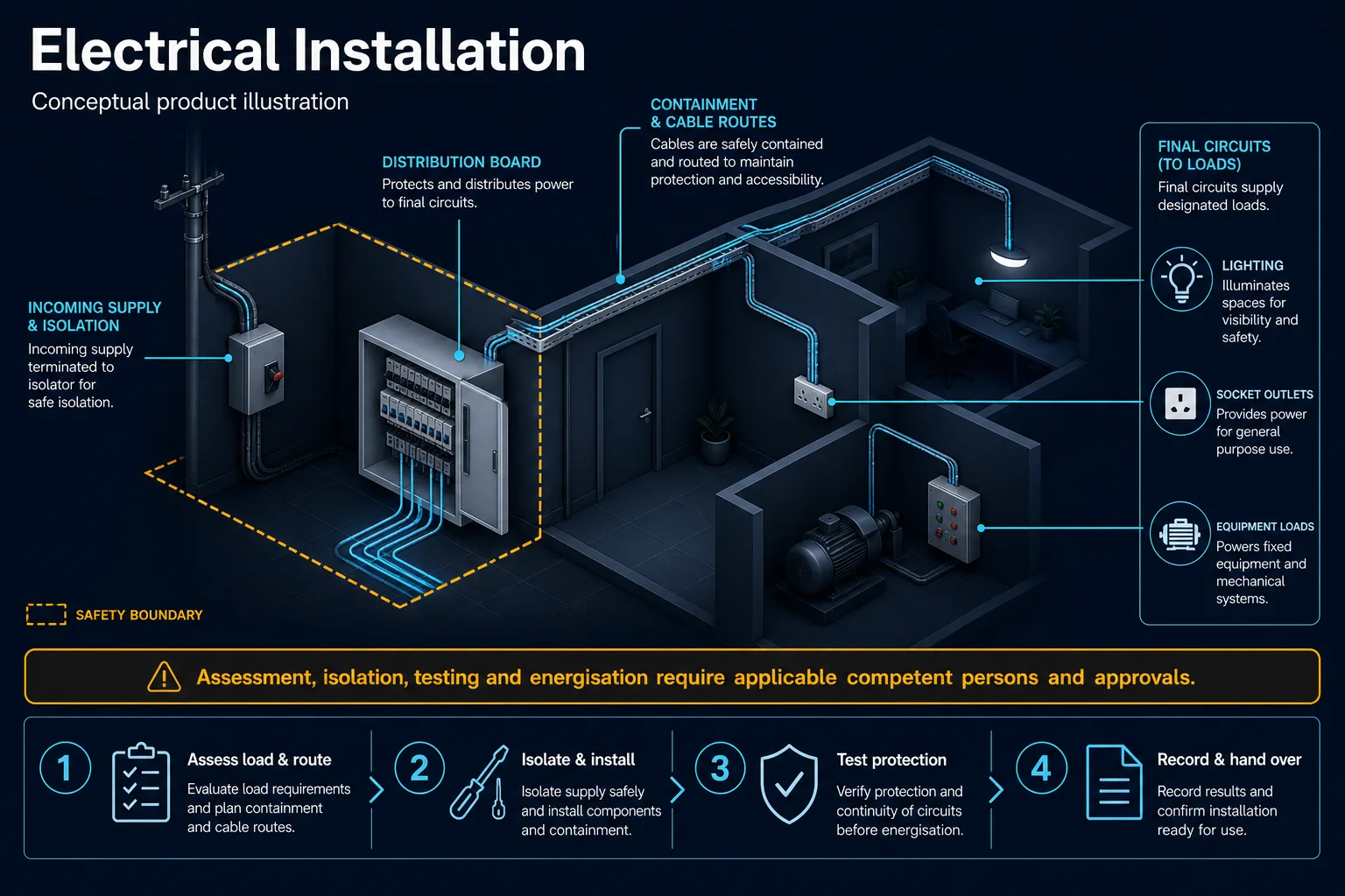 Conceptual Electrical Installation canvas showing incoming supply and isolation, a distribution board, containment and cable routes, final circuits, representative loads and the competent-person boundary.