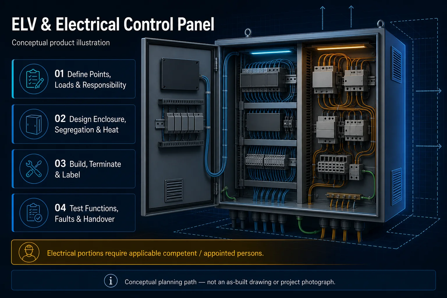 Conceptual ELV and Electrical Control Panel canvas showing segregated control and power zones, blank modules, cable entries, earthing, ventilation, service clearance, functional testing and competent-person responsibility without ratings.