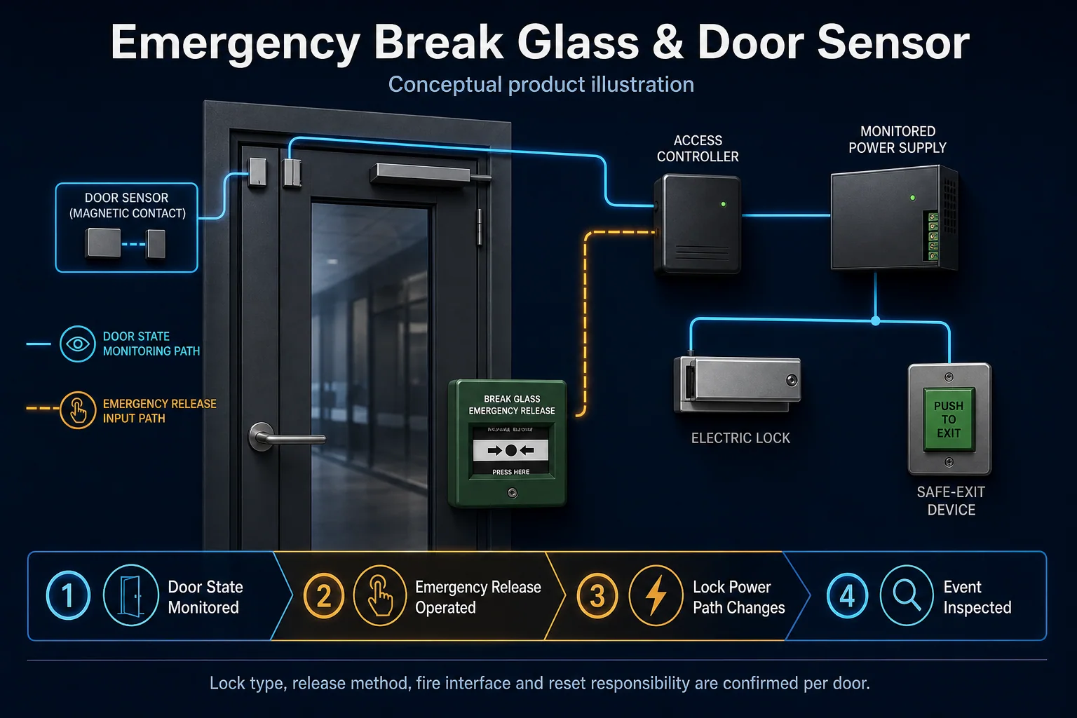 Conceptual Emergency Break Glass and Door Sensor canvas showing monitored door state, safe-exit release, emergency operation and event recording.
