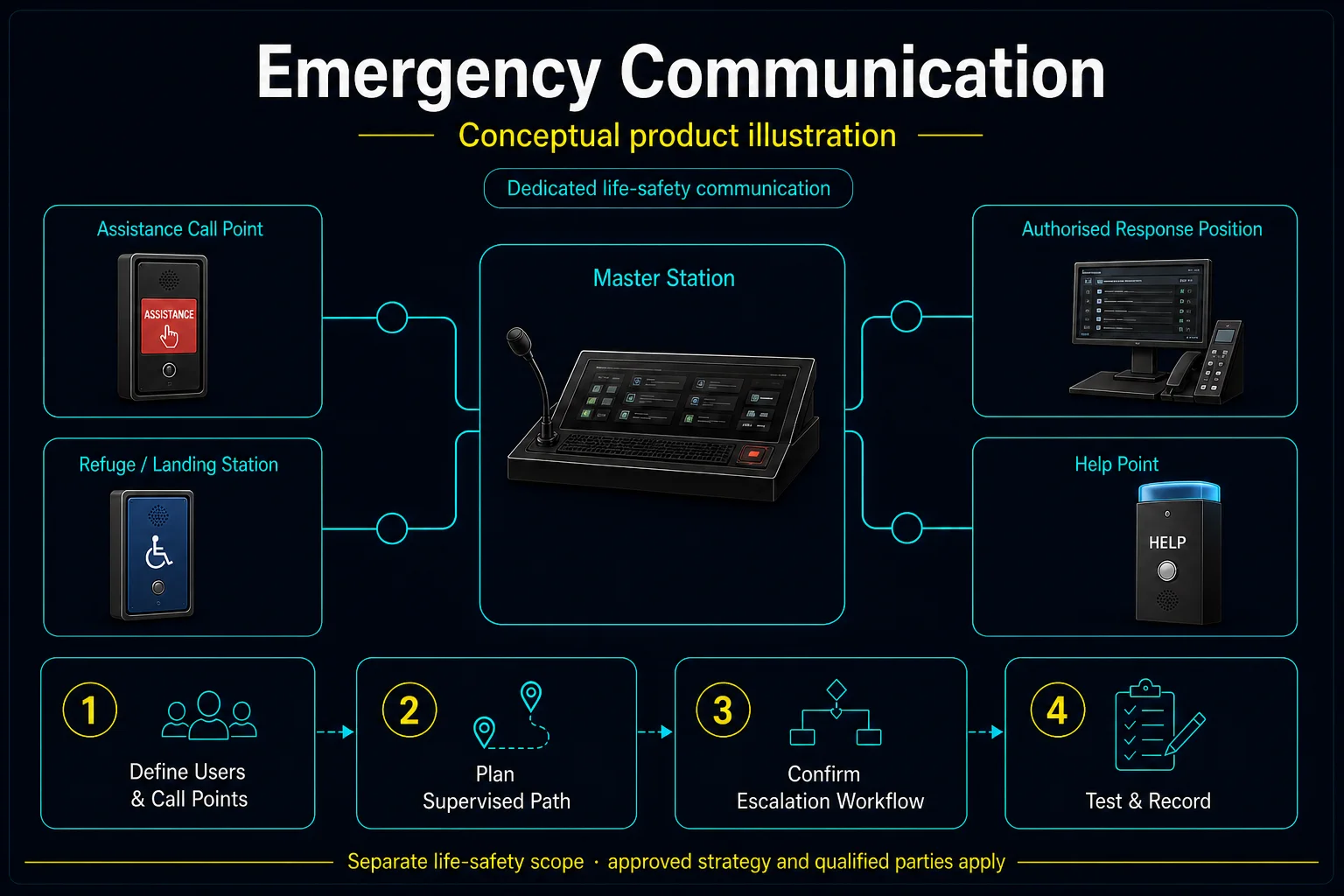 Conceptual Emergency Communication canvas showing assistance, refuge or landing and help points connected through neutral supervised paths to a master station and authorised response position.