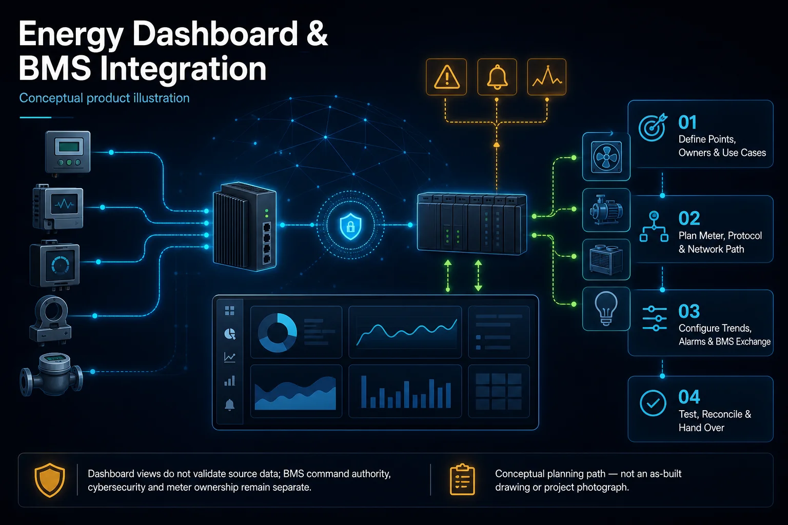 Conceptual Energy Dashboard and BMS Integration canvas showing generic meters, gateway, BMS controller, plant interfaces, secure network, abstract dashboard, alarms and controlled data exchange without readings or commands.