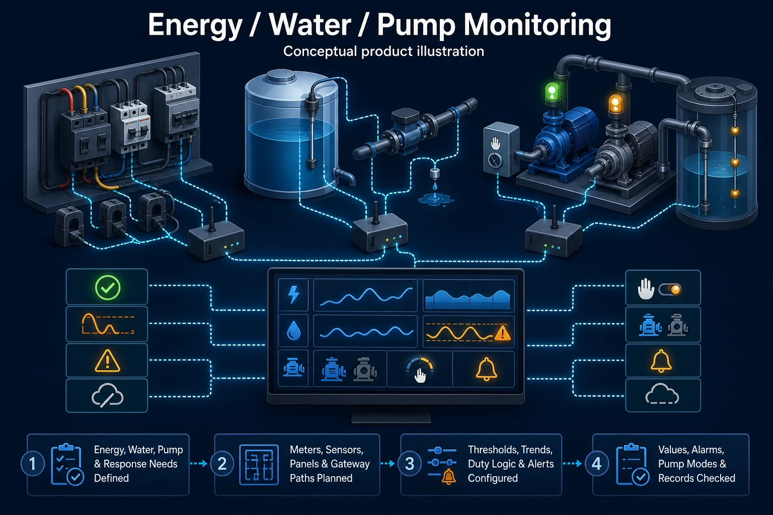 Conceptual Energy, Water and Pump Monitoring canvas showing blank electrical meters, water level, flow and leak sensing, duty pumps, gateways, alerts, data gaps and manual modes without statutory-measurement claims.