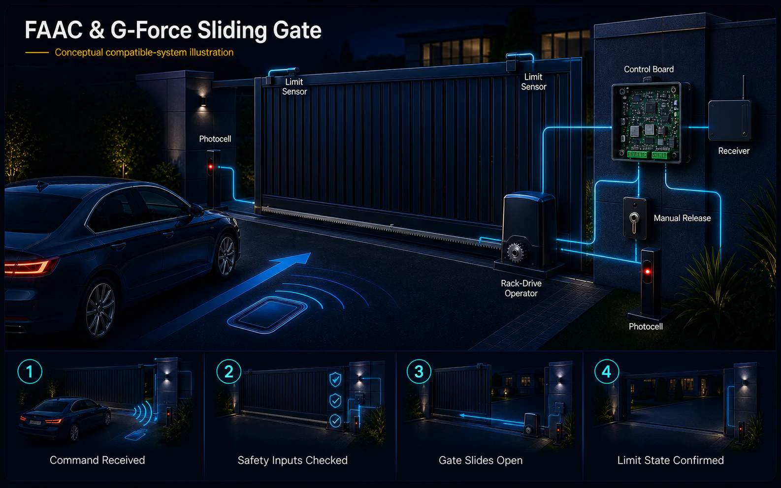 Conceptual compatible-system Sliding Gate canvas showing a rack-drive operator, controller, receiver, photocells, manual release and limit-state workflow without an authorisation claim.