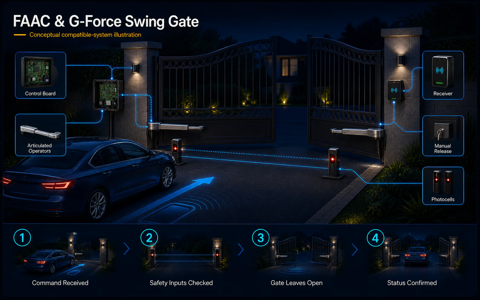 Conceptual compatible-system Swing Gate canvas showing operators, controller, receiver, photocells, manual release and status workflow without an authorisation claim.