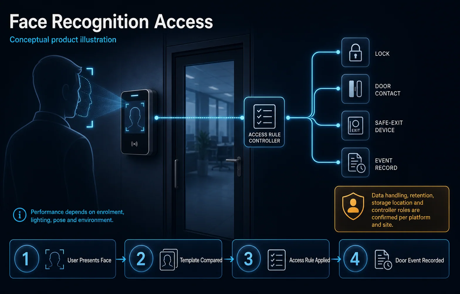 Conceptual Face Recognition Access canvas showing authorised enrolment, terminal matching, door-rule evaluation and access-event recording with privacy boundaries.