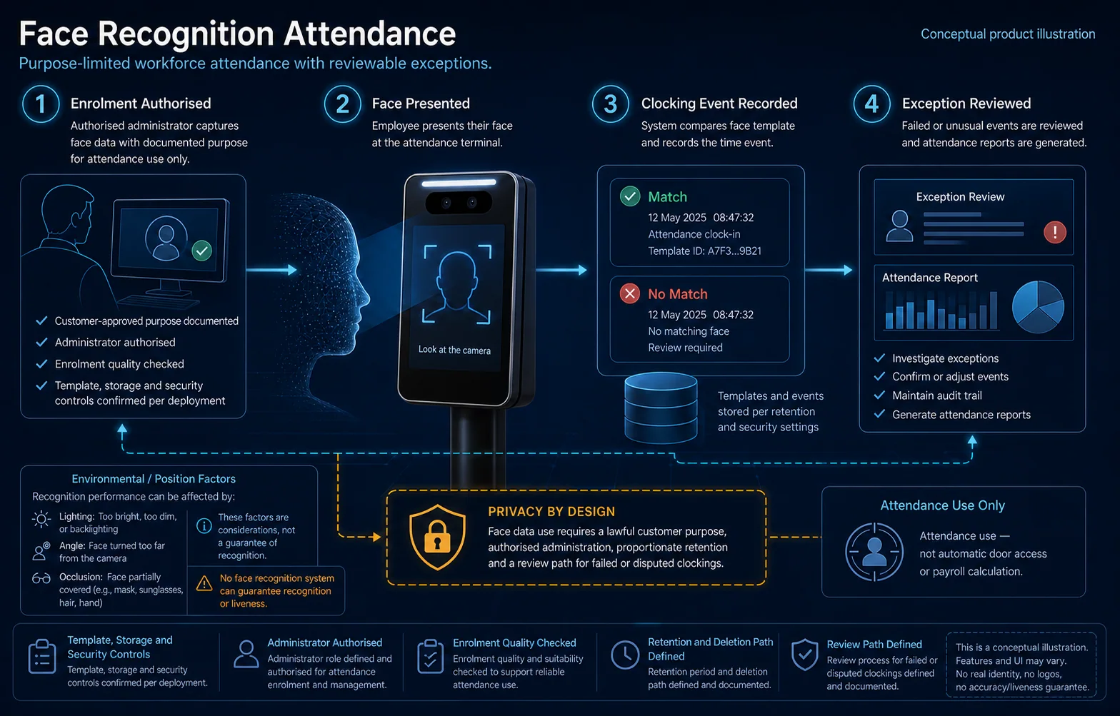 Conceptual Face Recognition Attendance canvas showing authorised enrolment, face presentation, match or no-match clocking outcome, privacy controls and exception review.