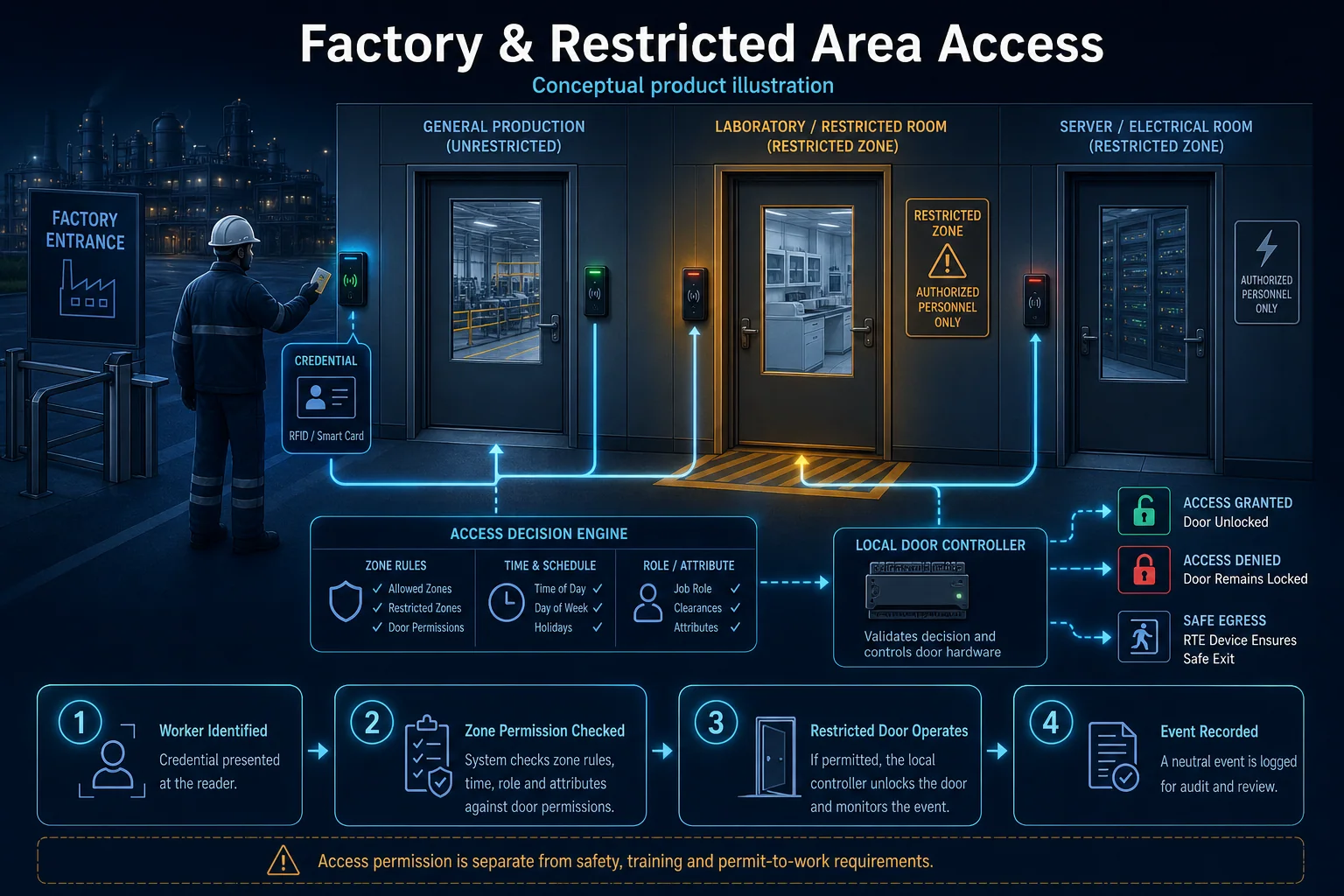 Conceptual Factory and Restricted Area Access canvas showing zone-based permissions, industrial doors, controlled exceptions and auditable movement.