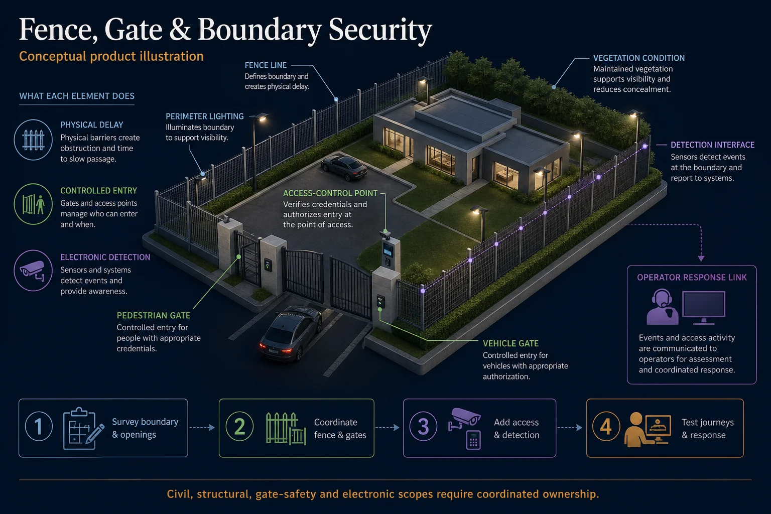 Conceptual Fence, Gate and Boundary Security canvas showing physical boundary, pedestrian and vehicle gates, access control, lighting, detection, clear-zone condition and operator response.