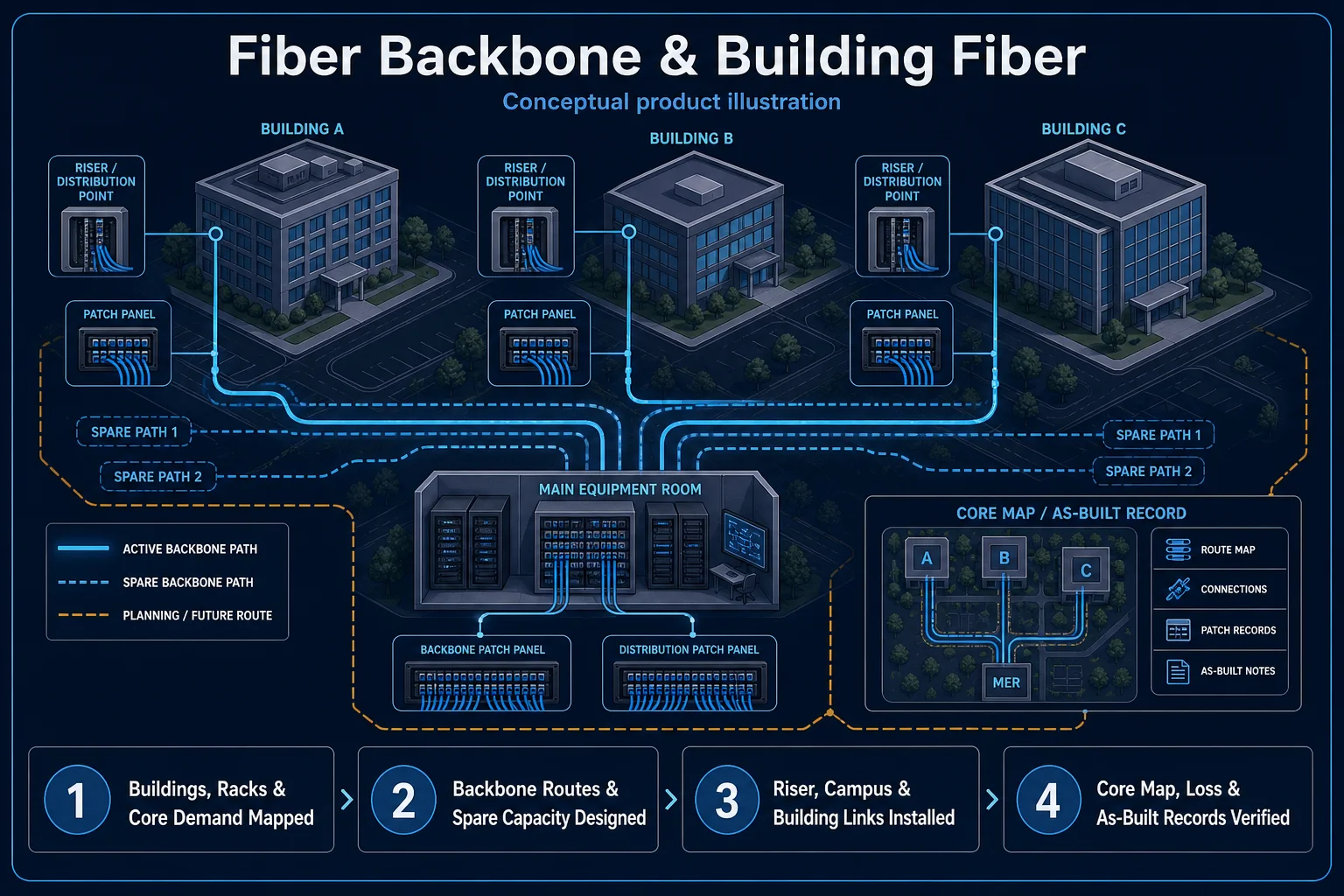 Conceptual Fiber Backbone and Building Fiber canvas showing a main equipment room, multiple buildings, riser and distribution points, spare routes, patching and an as-built core map.