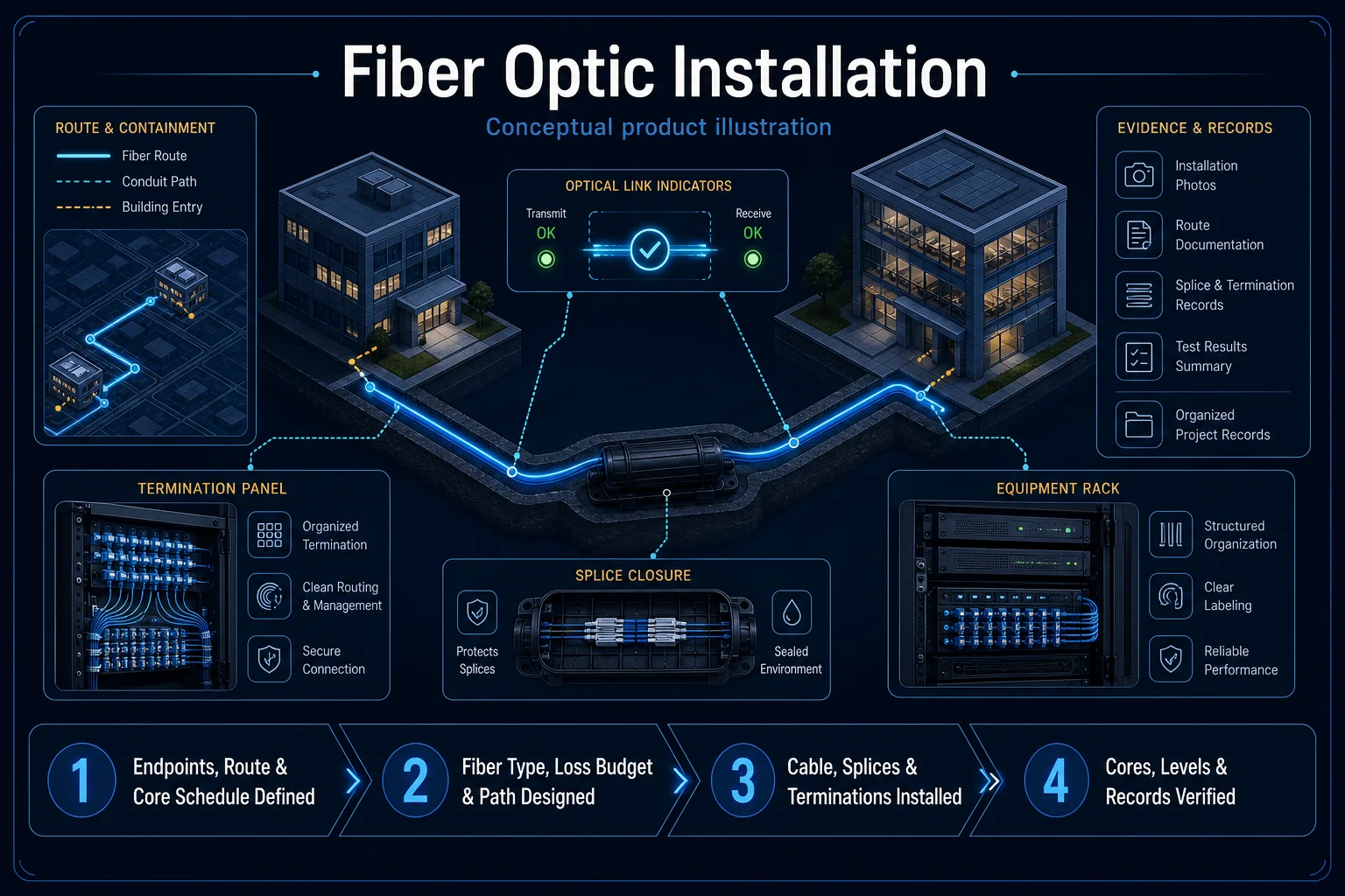 Conceptual Fiber Optic Installation canvas showing two endpoints, a planned route, protected splice closure, termination panels, optical link checks and evidence records without numeric performance claims.