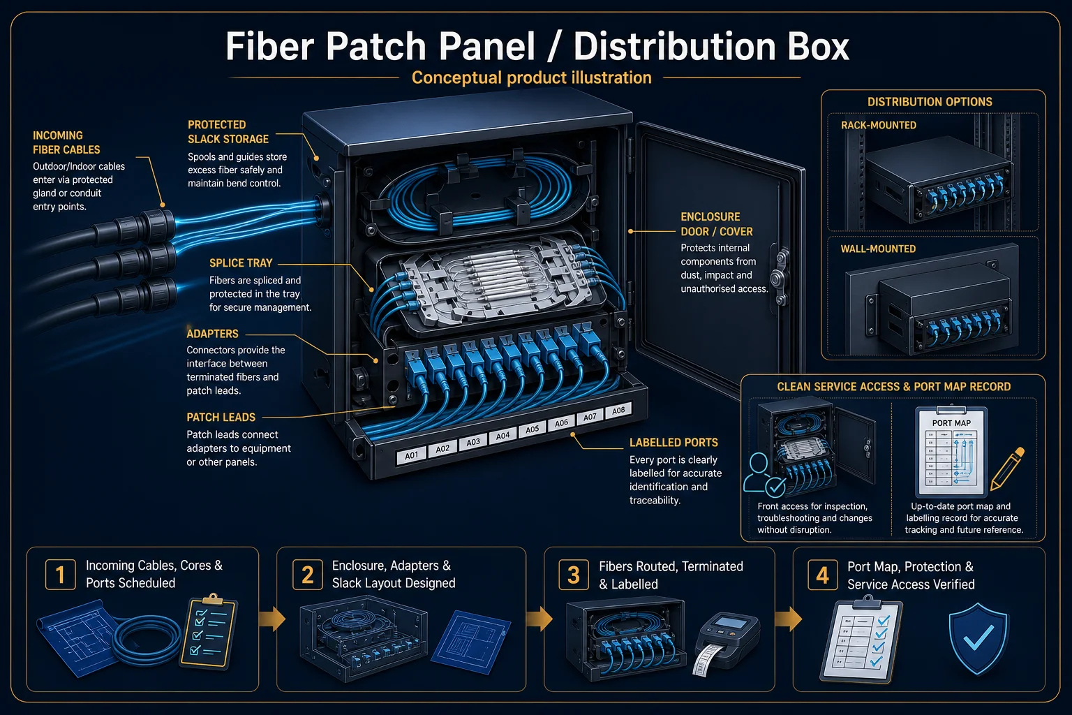 Conceptual Fiber Patch Panel and Distribution Box canvas showing incoming cables, protected slack, splice tray, adapters, patch leads, labelled ports, enclosure protection, service access and a port map.