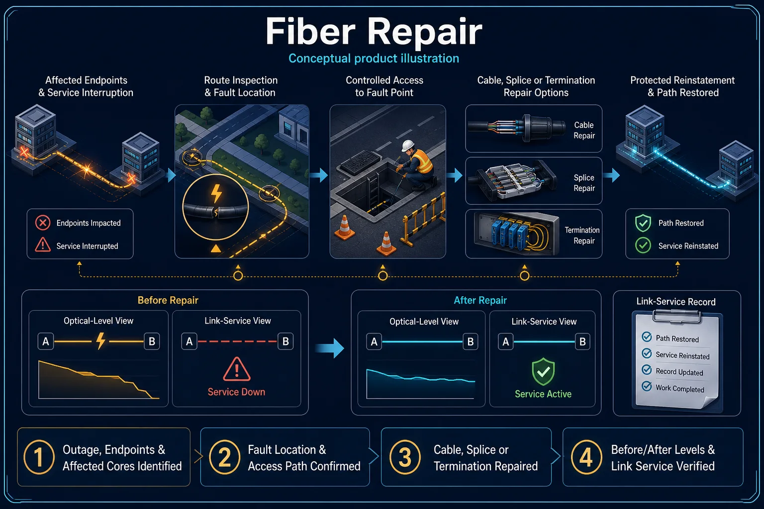 Conceptual Fiber Repair canvas showing an affected link, route and fault-location assessment, controlled access, repair options, protected reinstatement and before-and-after link evidence.