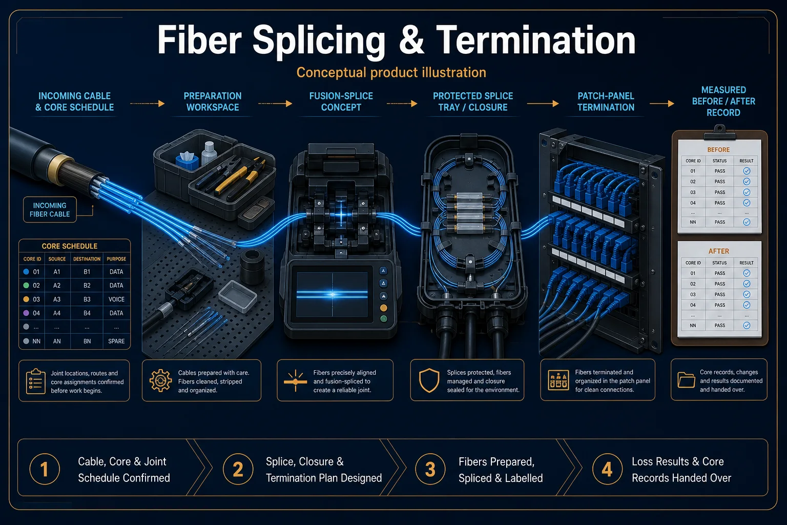 Conceptual Fiber Splicing and Termination canvas showing cable and core scheduling, preparation, generic fusion splicing, protected closure, patch-panel termination, labels and before-and-after records.