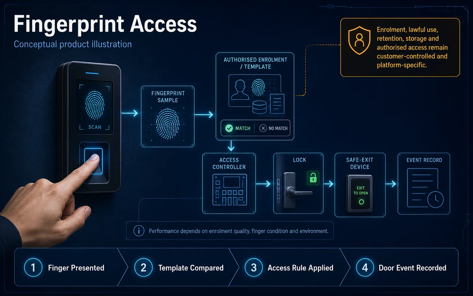 Conceptual Fingerprint Access canvas showing authorised enrolment, fingerprint presentation, controller evaluation, door operation and recorded outcome.